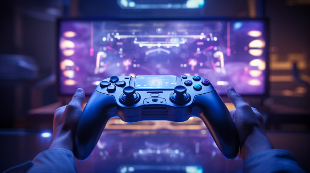 PS4のコントローラーを持ってモニターを見ている