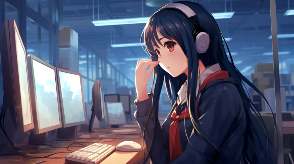 モニターを眺めている美少女