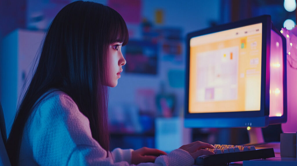 モニターの画面を見ながらキーボードを触っている日本人女性