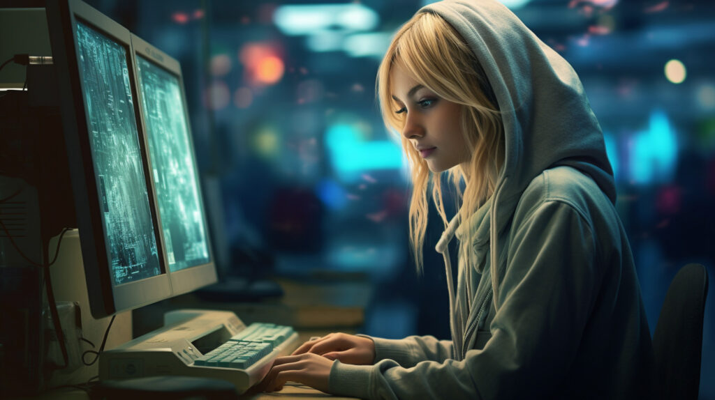 PCモニターを眺めている少女